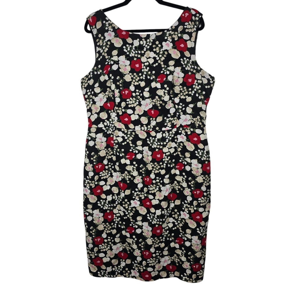 Laura Ashley Women Floral Sheath Dress Linen Black Red Sleeveless V-Back Size 12